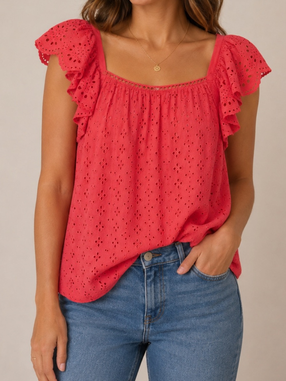 Ann Taylor LOFT Embroidered Eyelet Flutter Sleeve Woven Blouse Pink Large